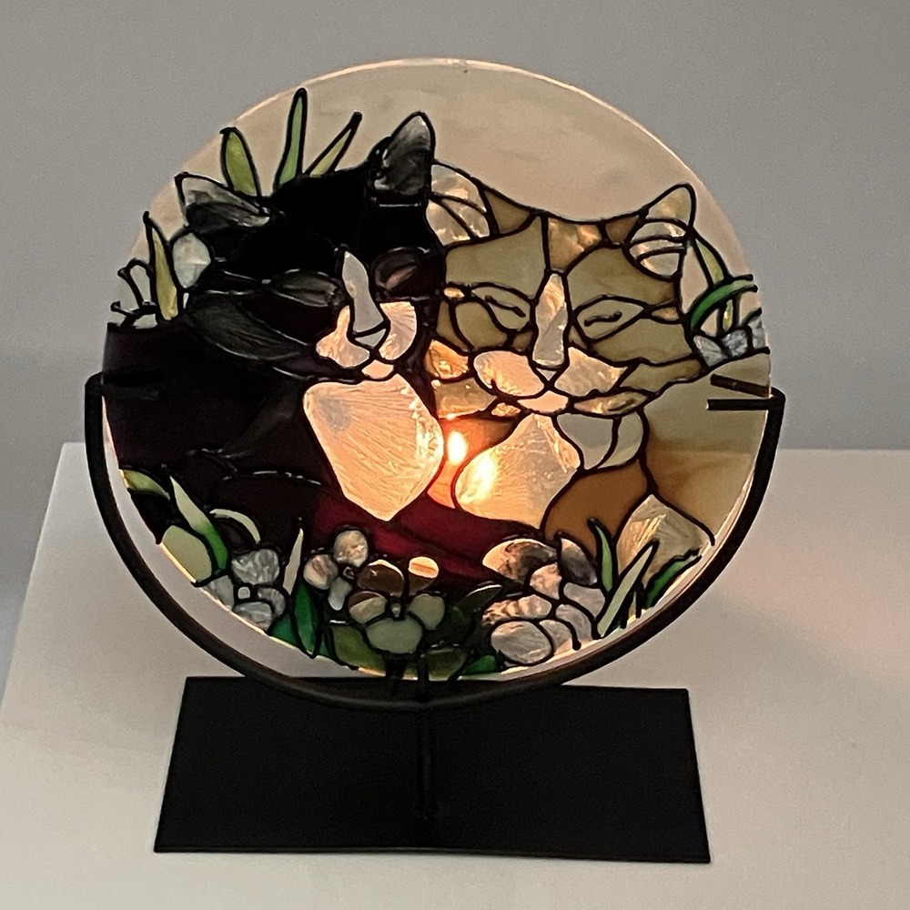 Vtg Joan Baker Designs Cats Stained Glass Sun Catcher Candle Holder Whimsical